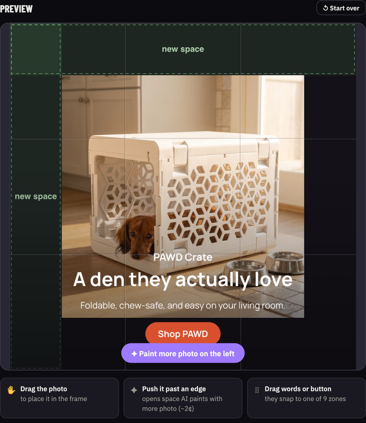 The layout canvas: a product photo with headline, body copy, and CTA button placed on it, green zones showing space AI can paint with more photo